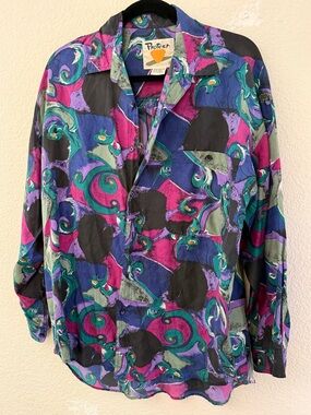 100% silk vintage men’s protest abstract button down shirt